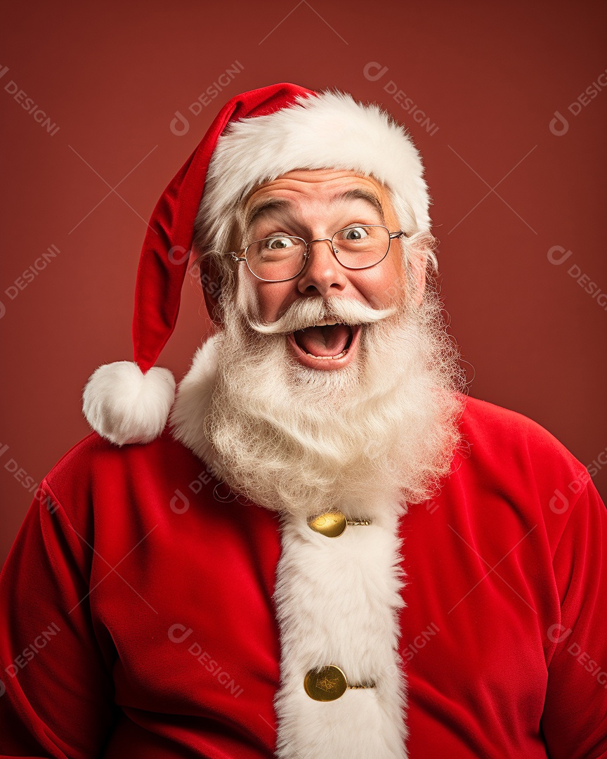 Foto editorial Papai Noel realmente sorridente, fazendo um olhar chocado sobre fundo bronzeado