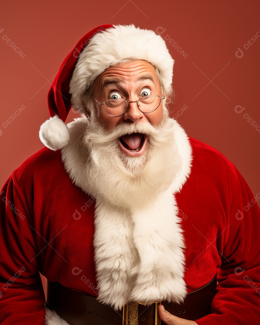 Foto editorial Papai Noel realmente sorridente, fazendo um olhar chocado sobre fundo bronzeado
