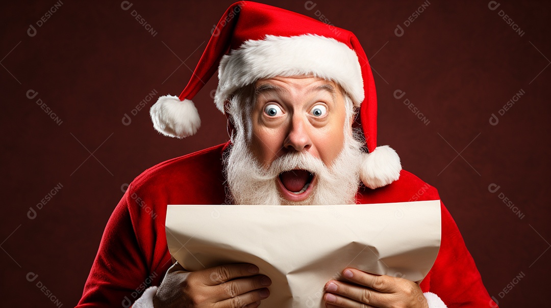 Foto editorial Papai Noel realmente sorridente, fazendo um olhar chocado sobre fundo bronzeado