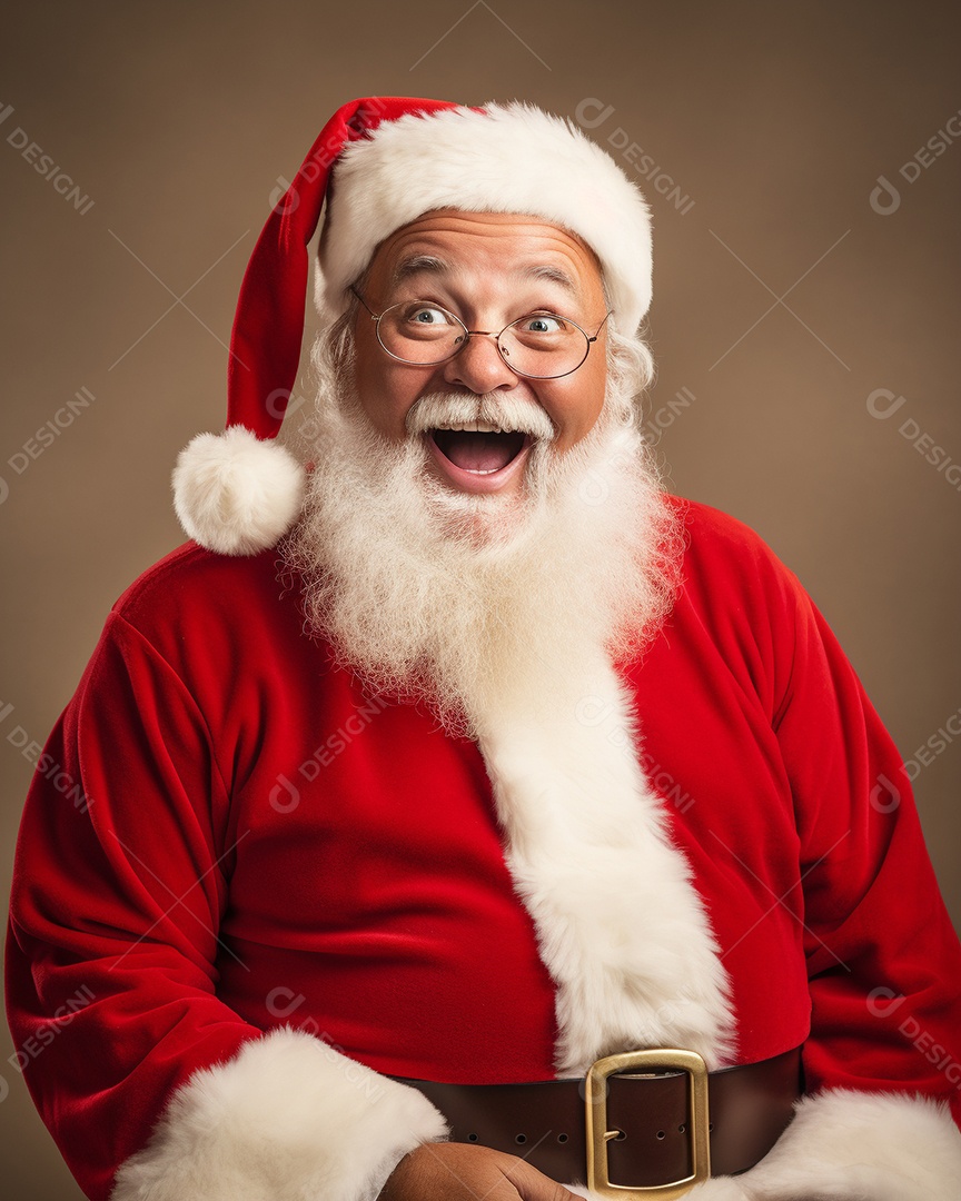 Foto editorial Papai Noel realmente sorridente, fazendo um olhar chocado sobre fundo bronzeado