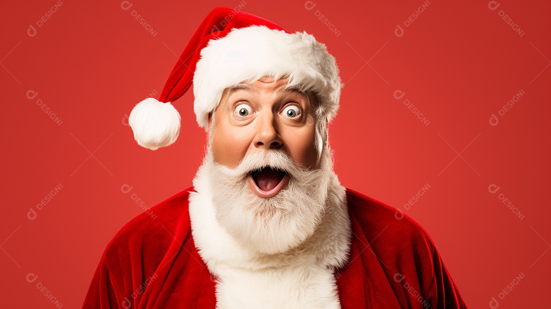 Foto editorial Papai Noel realmente sorridente, fazendo um olhar chocado sobre fundo bronzeado