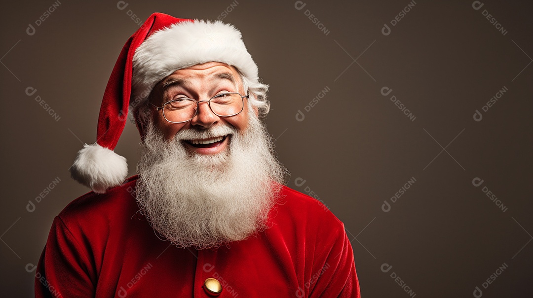 Foto editorial Papai Noel realmente sorridente, fazendo um olhar chocado sobre fundo bronzeado
