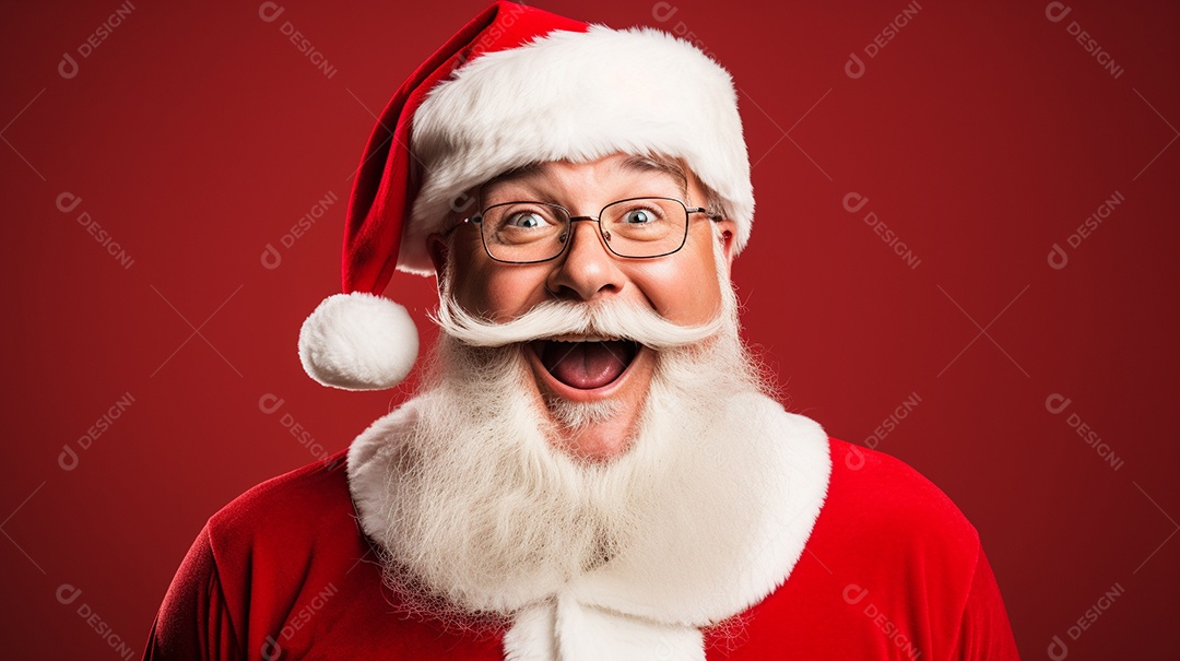 Foto editorial Papai Noel realmente sorridente, fazendo um olhar chocado sobre fundo bronzeado
