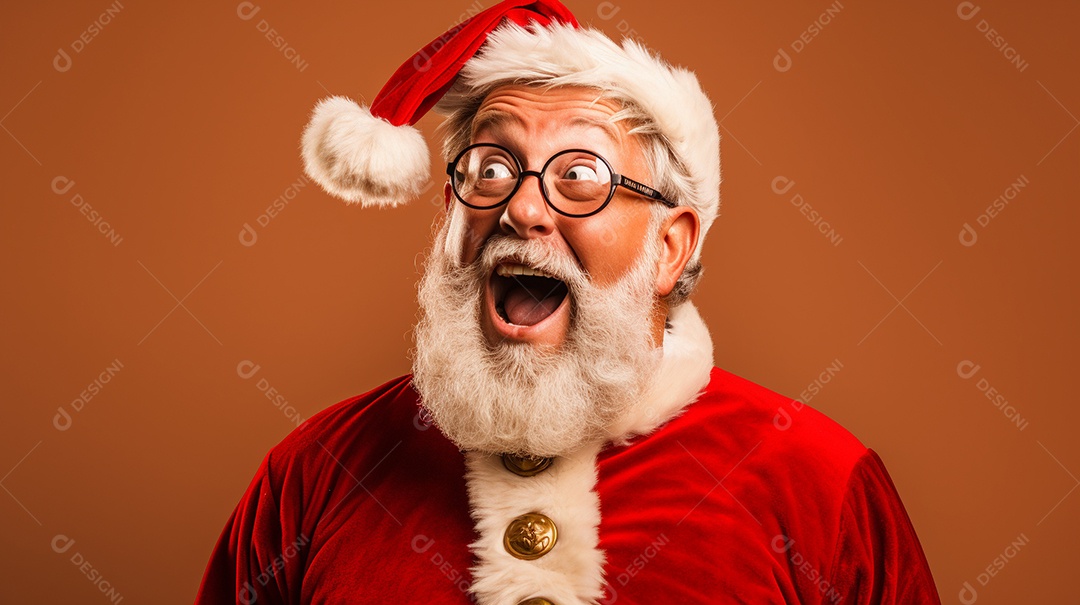 Foto editorial Papai Noel realmente sorridente, fazendo um olhar chocado sobre fundo bronzeado
