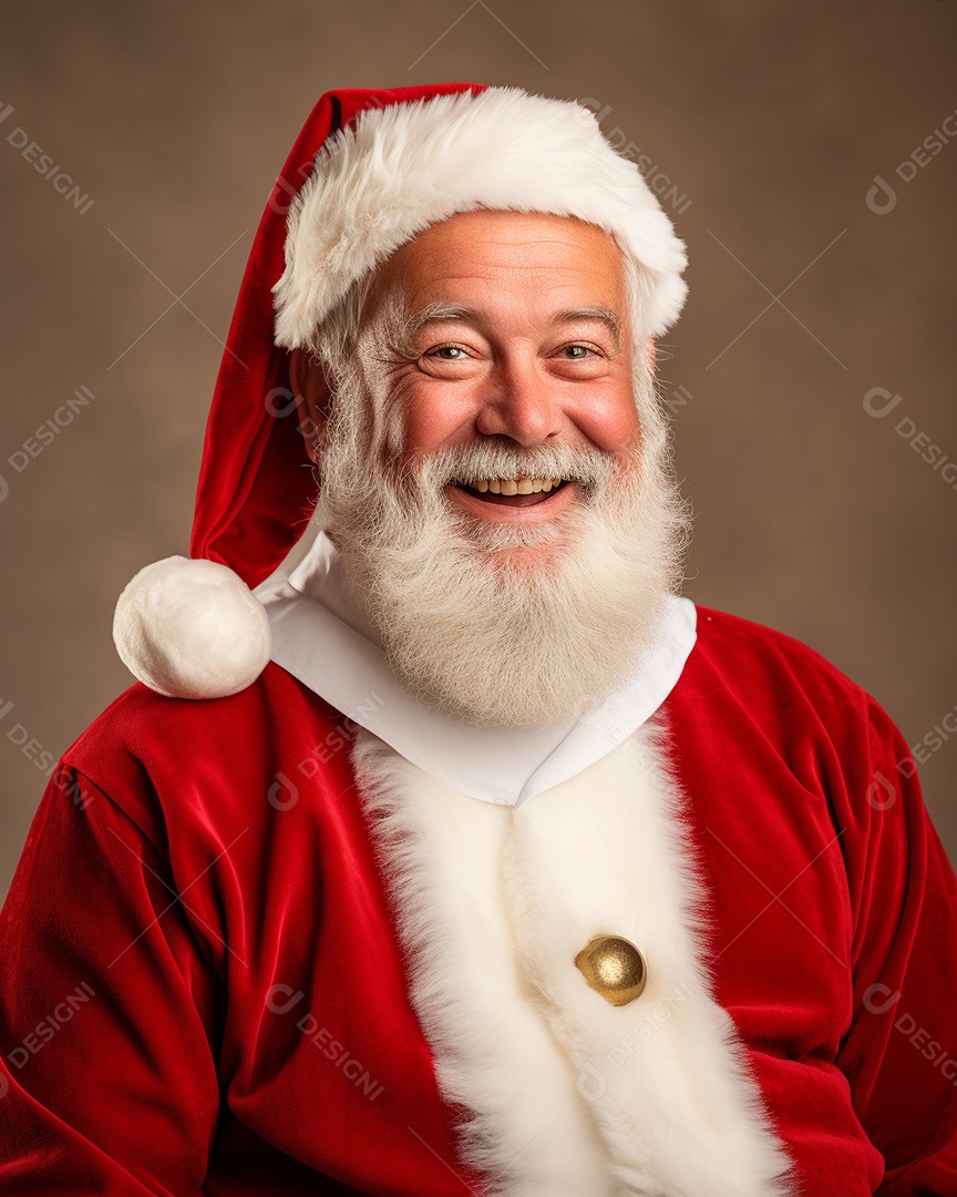 Foto editorial Papai Noel realmente sorridente, fazendo um olhar chocado sobre fundo bronzeado
