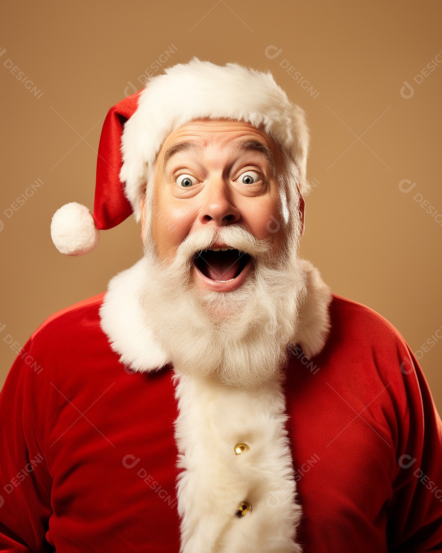 Foto editorial Papai Noel realmente sorridente, fazendo um olhar chocado sobre fundo bronzeado