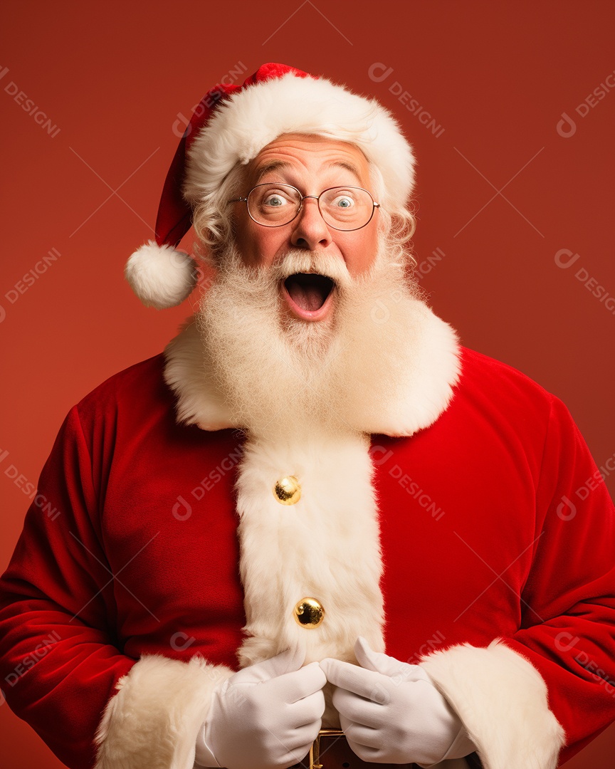 Foto editorial Papai Noel realmente sorridente, fazendo um olhar chocado sobre fundo bronzeado