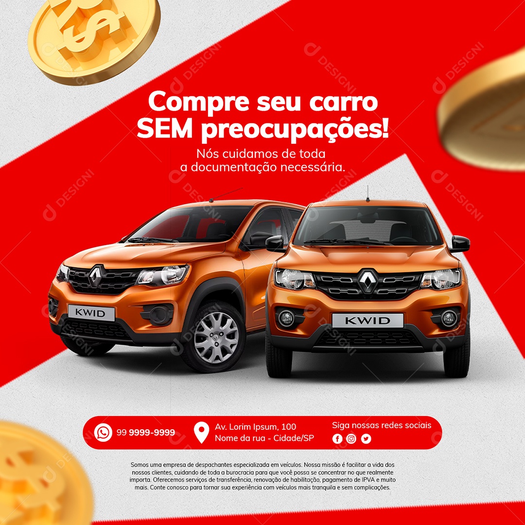 Despachante Compre seu Carro Sem Preocupações Social Media PSD Editável