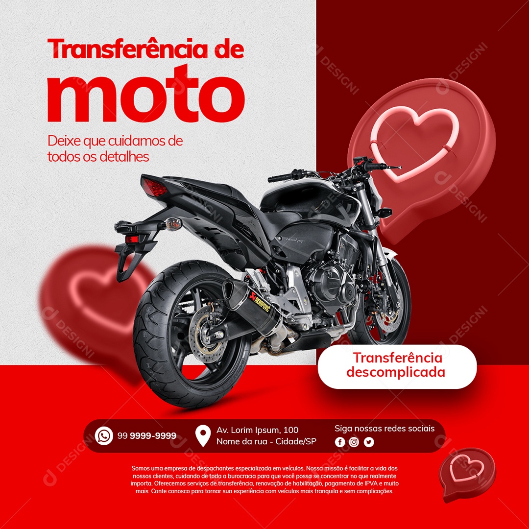Despachante Transferência de Moto Deixe que Cuidamos de Todos os Detalhes Social Media PSD Editável