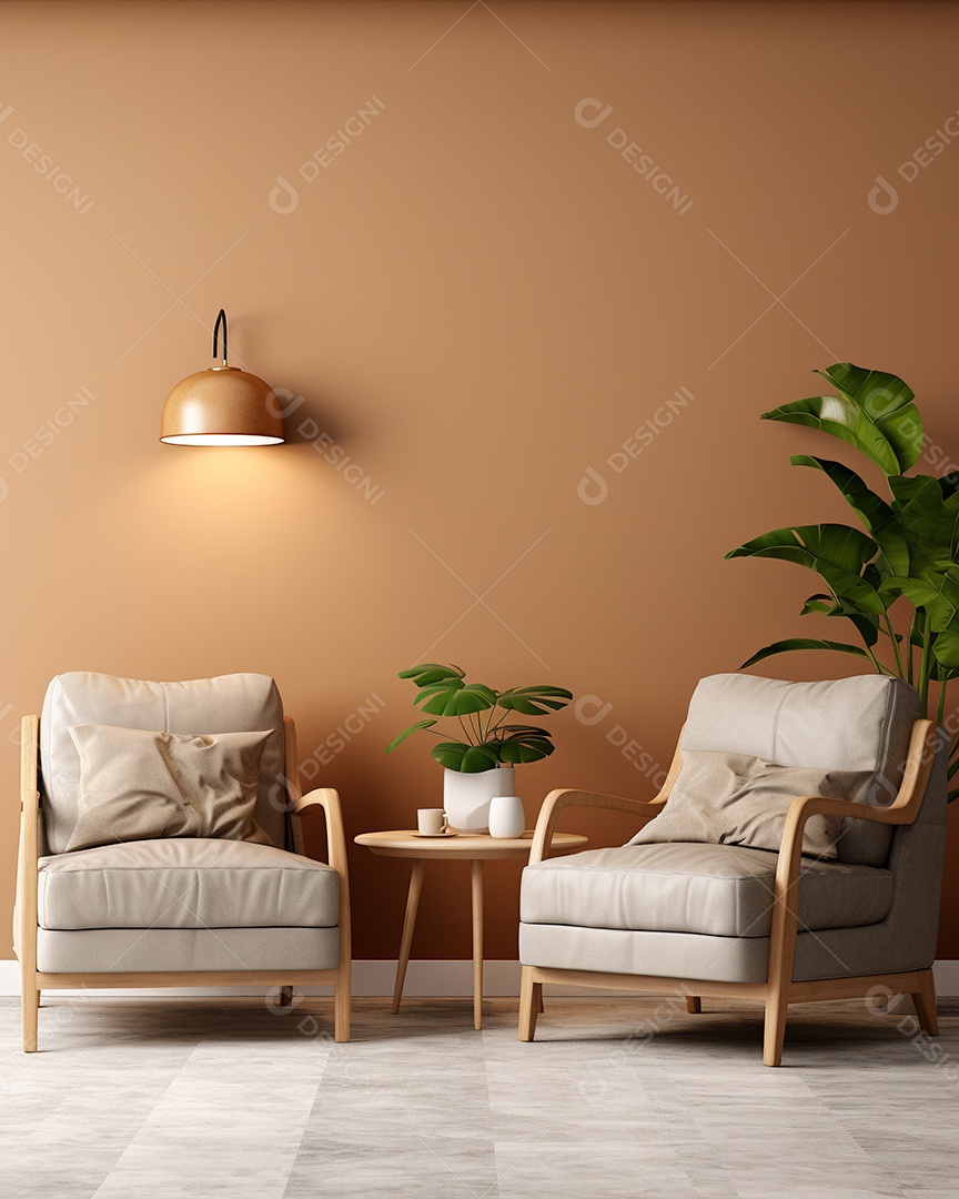 Maquete 3D do interior da sala de estar em tons quentes com poltrona no fundo vazio da parede marrom claro