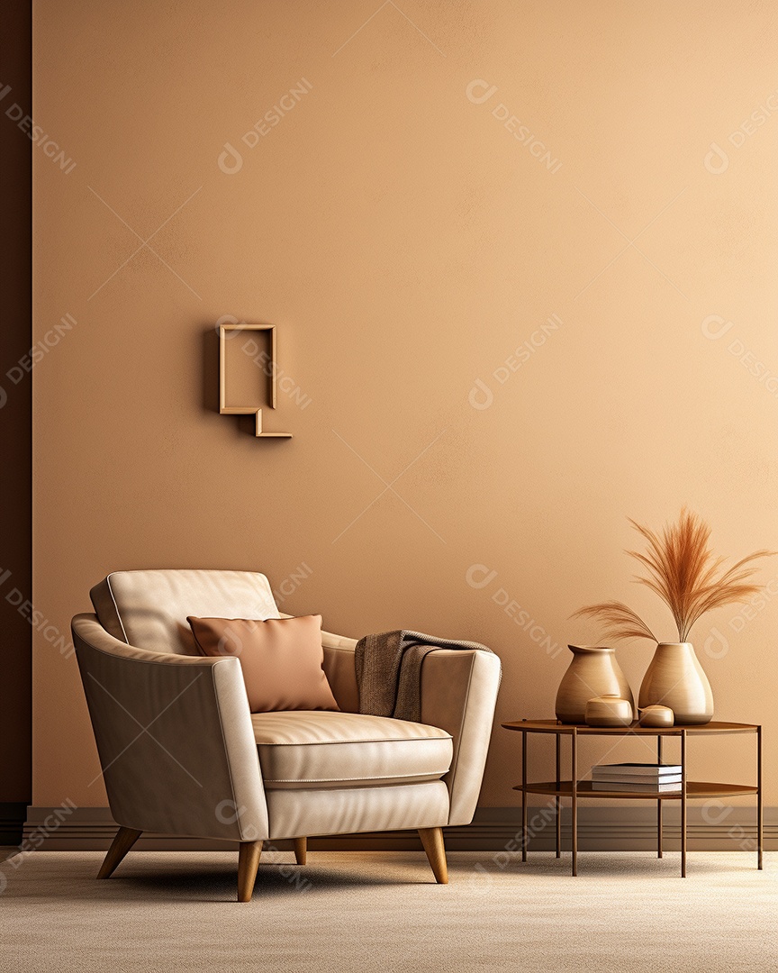 Maquete 3D do interior da sala de estar em tons quentes com poltrona na parede vazia marrom claro