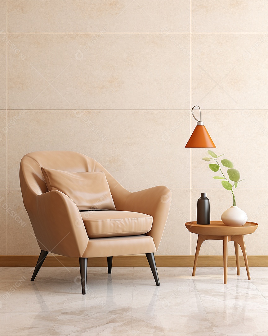 Maquete 3D do interior da sala de estar em tons quentes com poltrona no fundo vazio da parede marrom claro