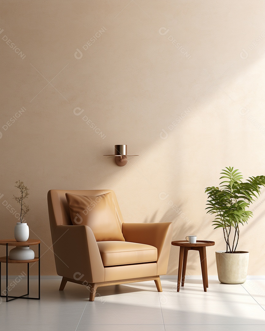 Maquete 3D do interior da sala de estar em tons quentes com poltrona na parede vazia marrom claro