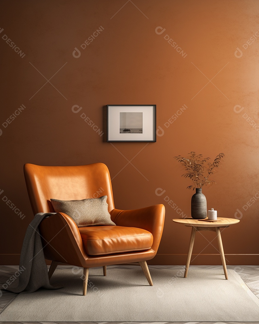 Maquete 3D do interior da sala de estar em tons quentes com poltrona na parede vazia marrom claro