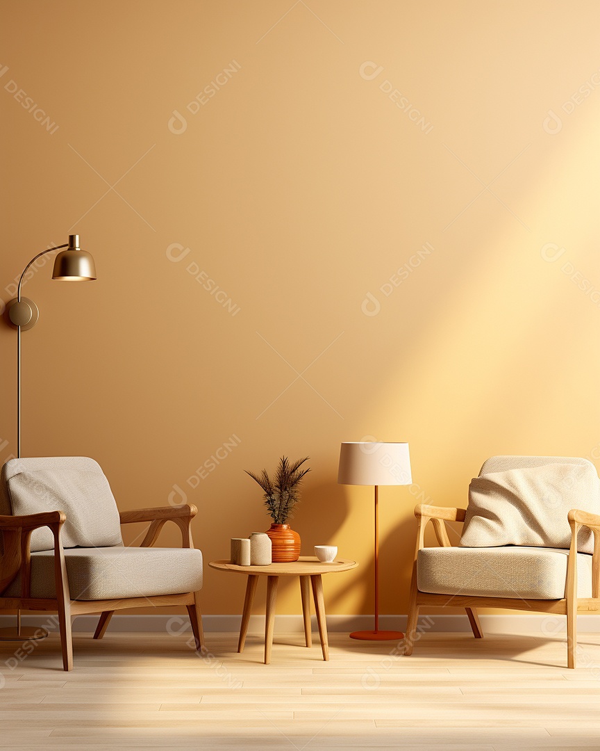 Maquete 3D do interior da sala de estar em tons quentes com poltrona na parede vazia marrom claro