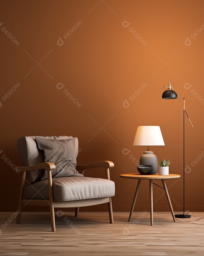 Maquete 3D do interior da sala de estar em tons quentes com poltrona na parede vazia marrom claro
