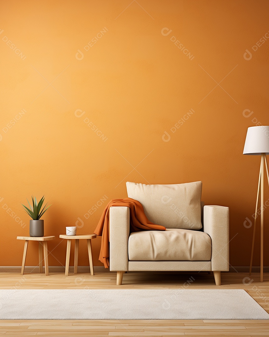 Maquete 3D do interior da sala de estar em tons quentes com poltrona no fundo vazio da parede marrom claro