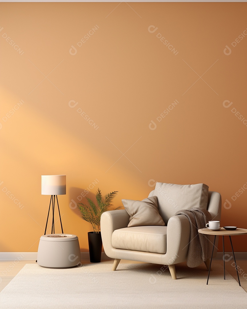 Maquete 3D do interior da sala de estar em tons quentes com poltrona no fundo vazio da parede marrom claro