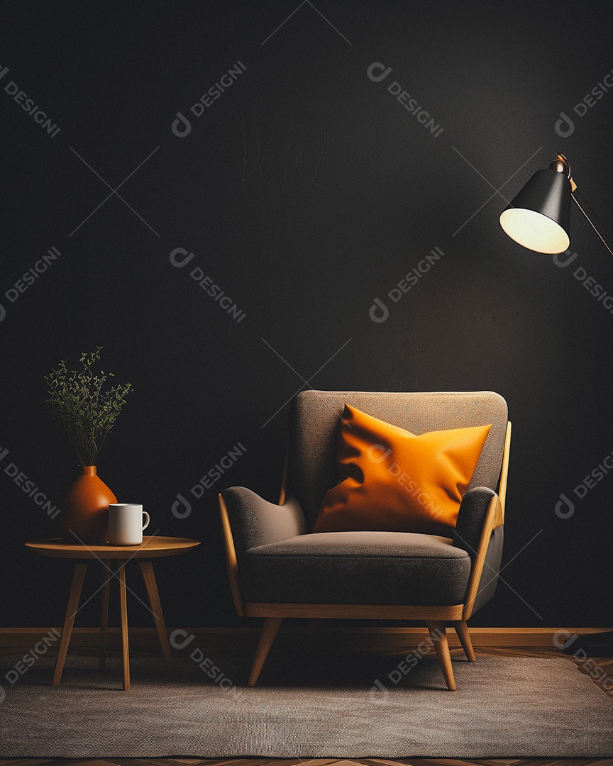 Maquete 3D do interior da sala de estar em tons quentes com poltrona no fundo vazio da parede marrom claro