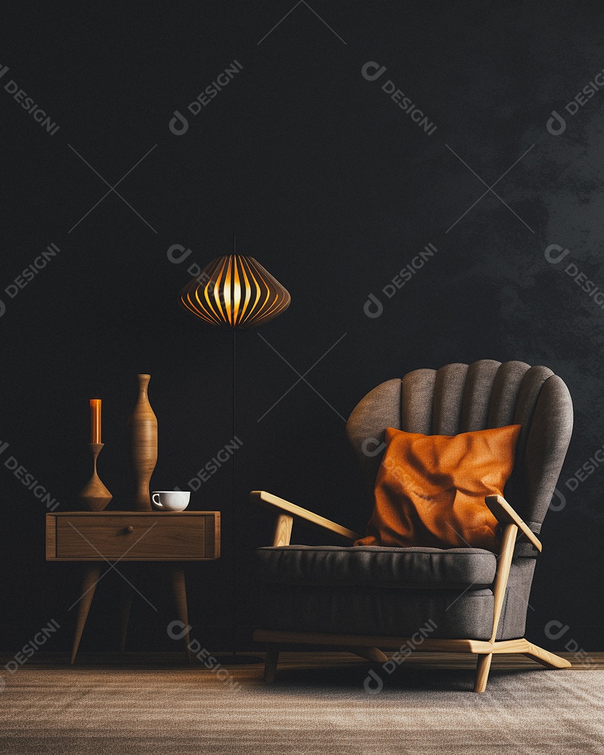 Maquete 3D do interior da sala de estar em tons quentes com poltrona no fundo vazio da parede marrom claro