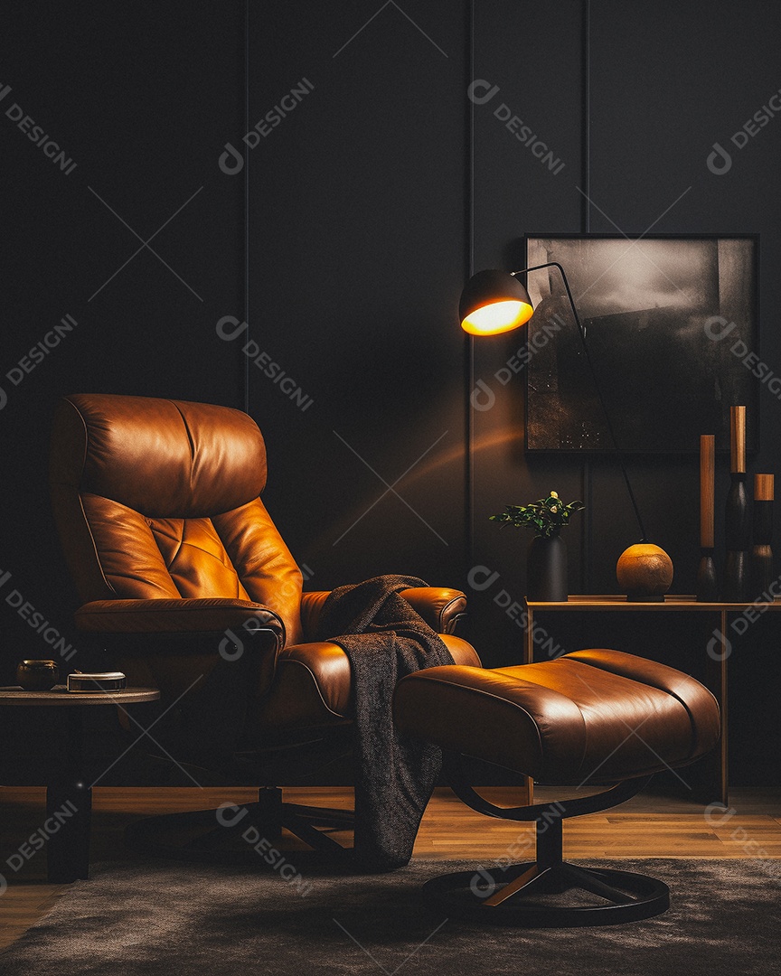 Maquete 3D do interior da sala de estar em tons quentes com poltrona no fundo vazio da parede marrom claro