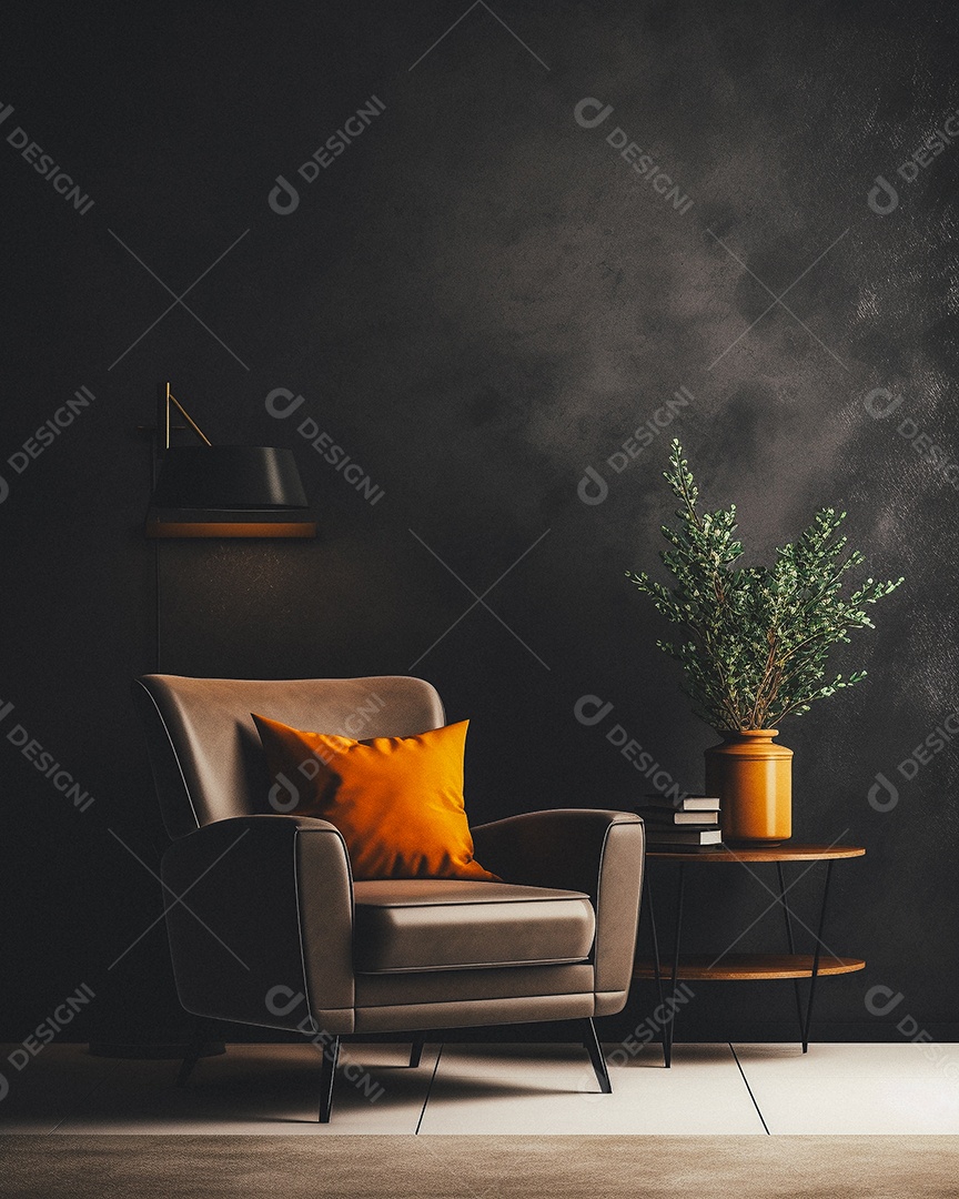 Maquete 3D do interior da sala de estar em tons quentes com poltrona no fundo vazio da parede marrom claro