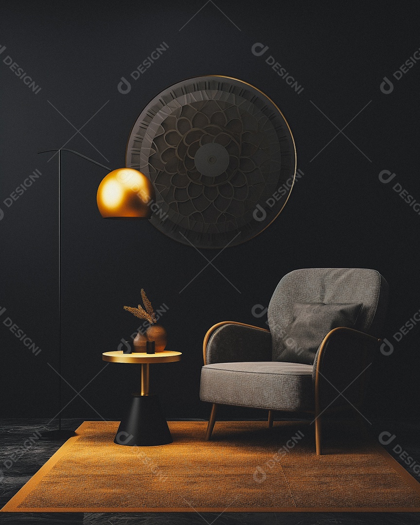 Maquete 3D do interior da sala de estar em tons quentes com poltrona no fundo vazio da parede marrom claro