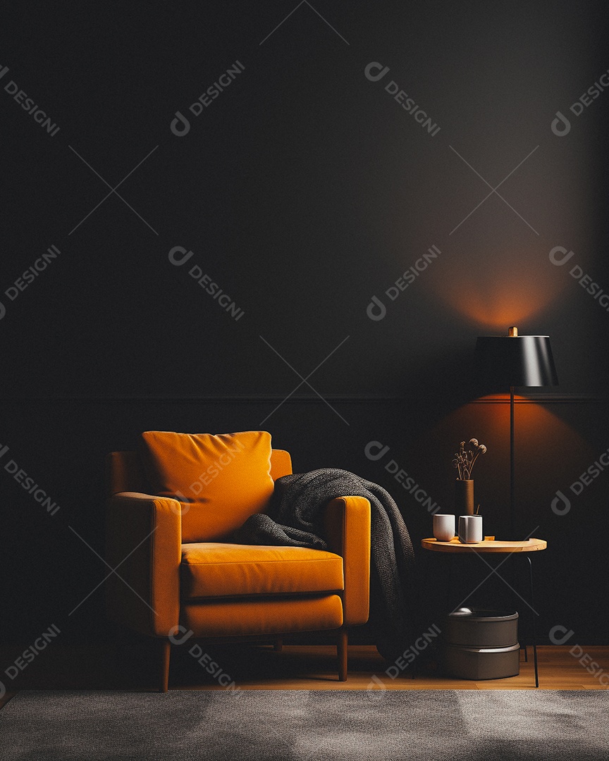 Maquete 3D do interior da sala de estar em tons quentes com poltrona no fundo vazio da parede marrom claro