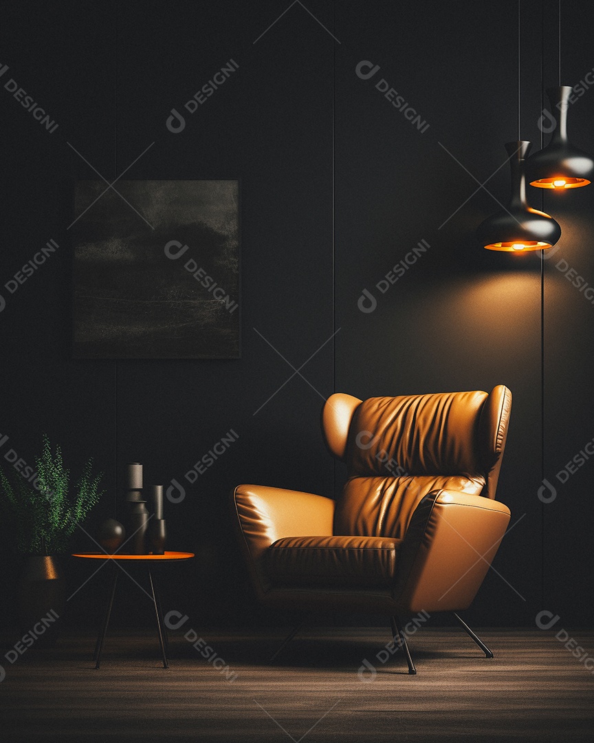 Maquete 3D do interior da sala de estar em tons quentes com poltrona no fundo vazio da parede marrom claro