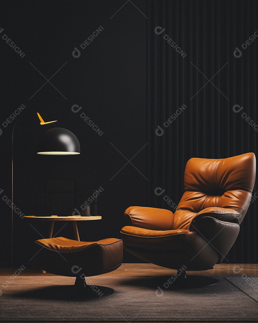 Maquete 3D do interior da sala de estar em tons quentes com poltrona no fundo vazio da parede marrom claro