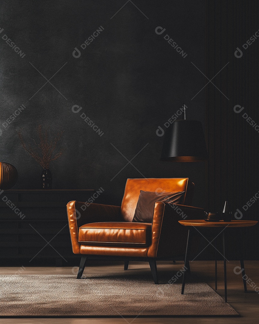 Maquete 3D do interior da sala de estar em tons quentes com poltrona no fundo vazio da parede marrom claro