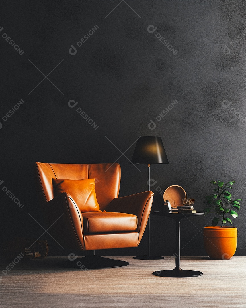 Maquete 3D do interior da sala de estar em tons quentes com poltrona no fundo vazio da parede marrom claro