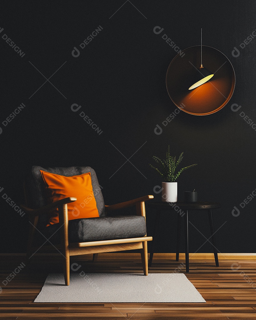 Maquete 3D do interior da sala de estar em tons quentes com poltrona no fundo vazio da parede marrom claro