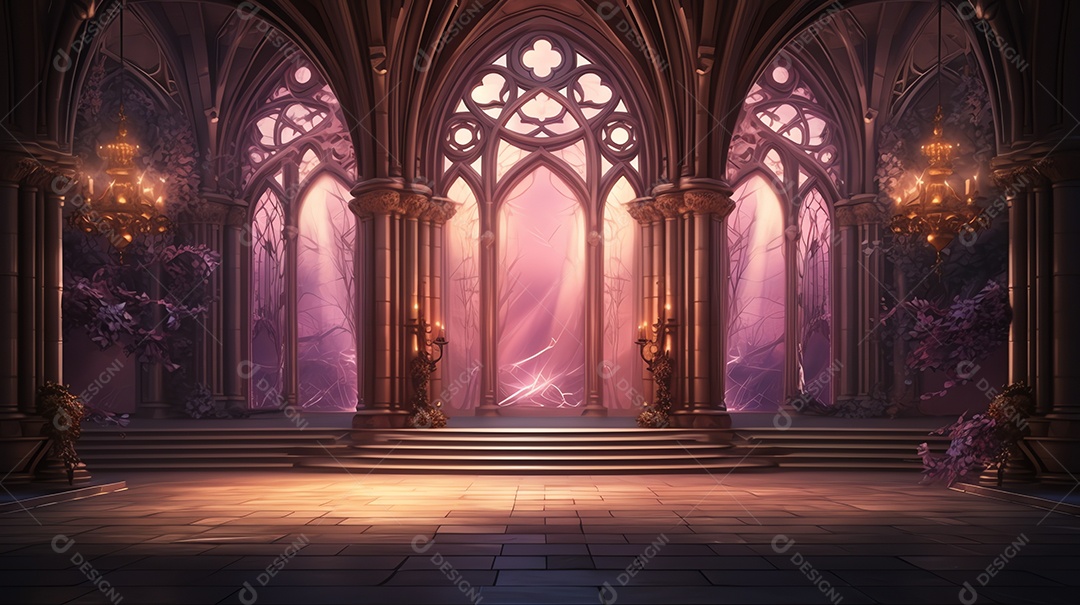 Um fundo de catedral de salão vazio de fantasia do castelo gótico