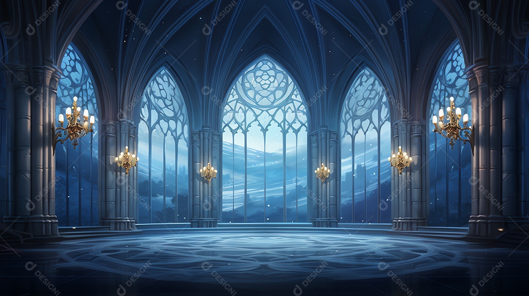 Um fundo de catedral de salão vazio de fantasia do castelo gótico