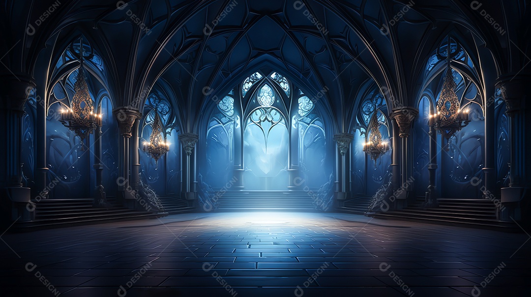 Um fundo de catedral de salão vazio de fantasia do castelo gótico