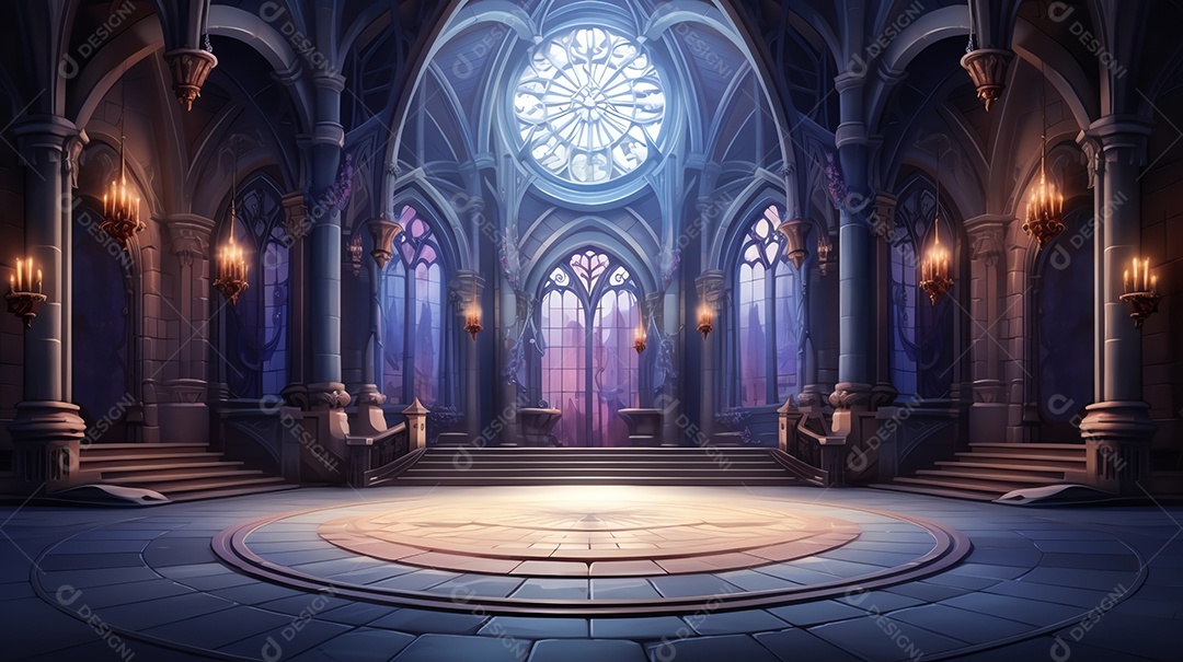 Um fundo de catedral de salão vazio de fantasia do castelo gótico