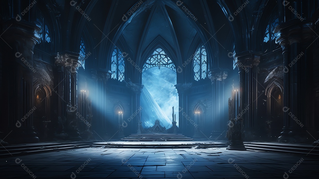 Um fundo de catedral de salão vazio de fantasia do castelo gótico