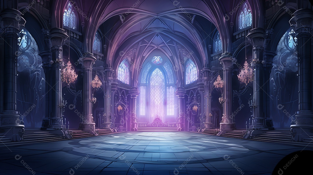 Um fundo de catedral de salão vazio de fantasia do castelo gótico