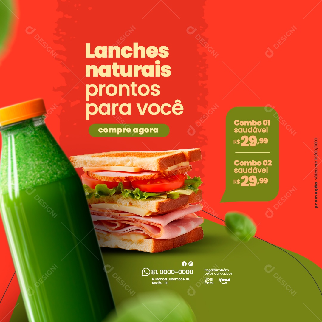 Lanchonete Sanduíches e Sucos Natural Lanches Naturais Prontos para Você Compre Agora Social Media PSD Editável