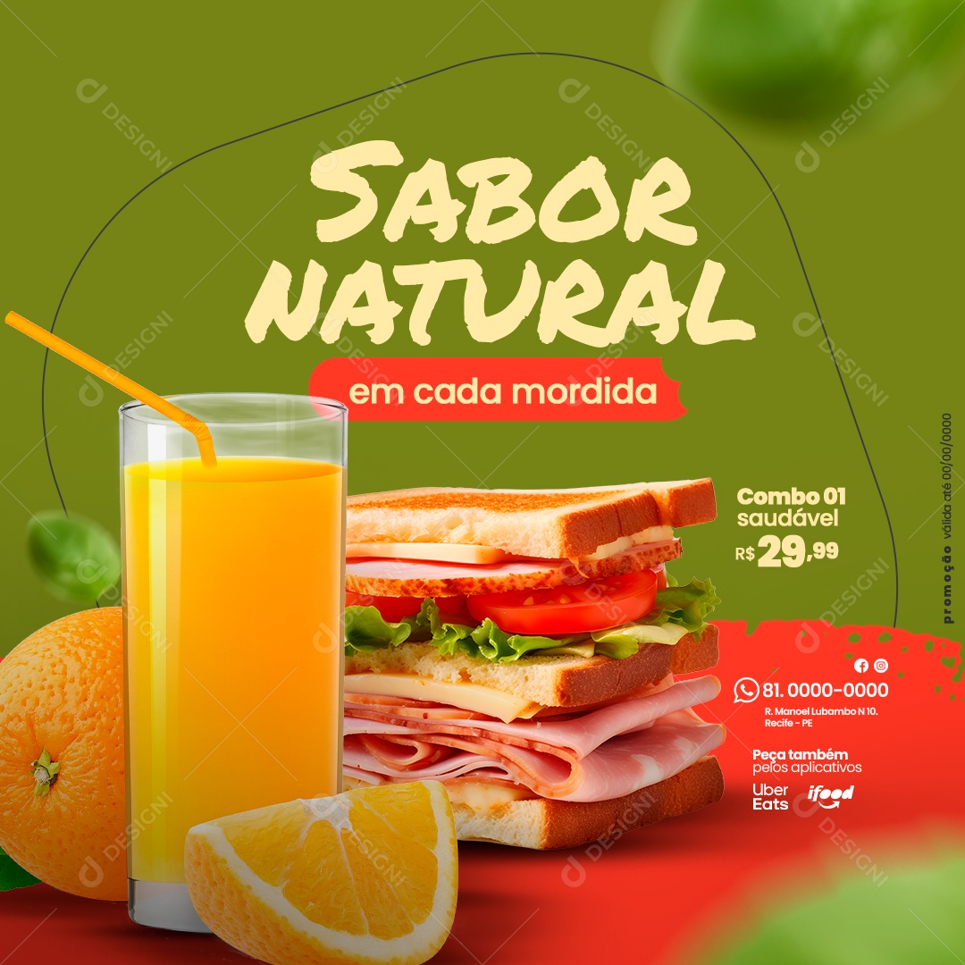 Lanchonete Sabor Natural em Cada Mordida Combo Saudável Suco de Laranja e Sanduíche Natural Social Media PSD Editável
