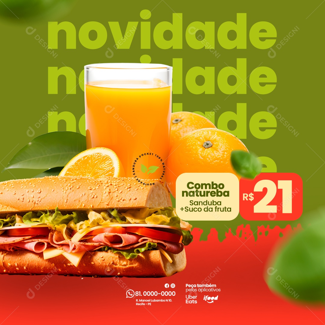 Lanchonete Sanduíches e Sucos Natural Novidade Combo Natureba Suco de Laranja Social Media PSD Editável