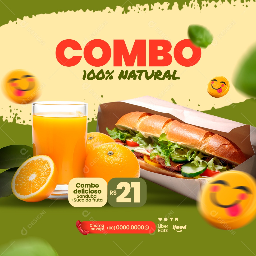 Lanchonete Sanduíches e Sucos Natural Suco de Laranja Combo 100% Natural Social Media PSD Editável