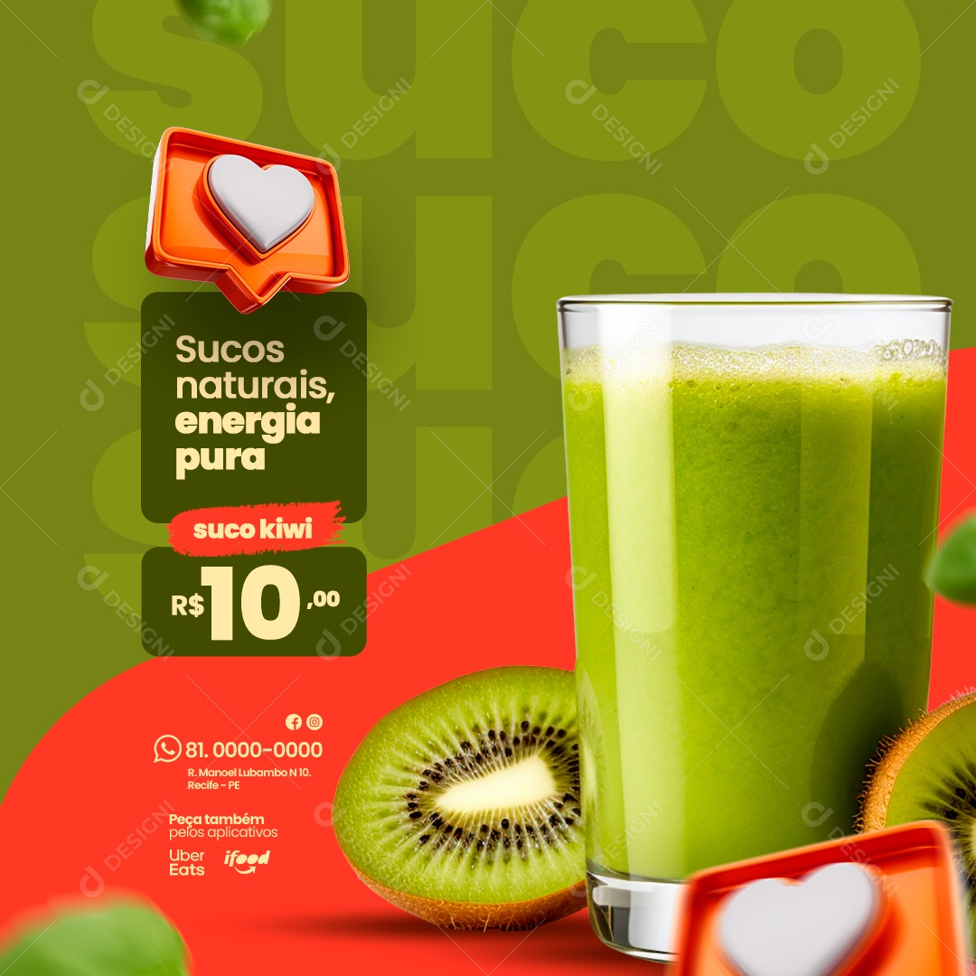 Lanchonete Sanduíches e Sucos Natural Energia Pura Suco Kiwi Social Media PSD Editável