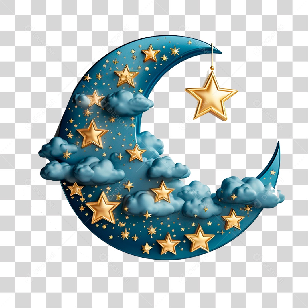 Lua Azul com Estrelas e Nuvens PNG Transparente