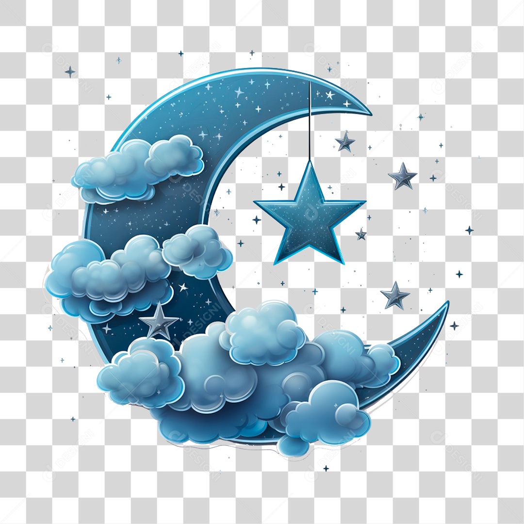 Lua Azul com Estrelas e Nuvens PNG Transparente