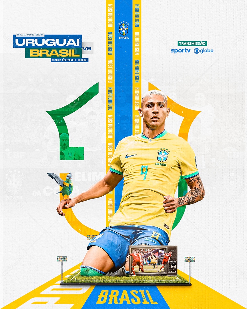 Social Media Flyer Feed Futebol Richarlisson Uruguai X Brasil PSD Editável