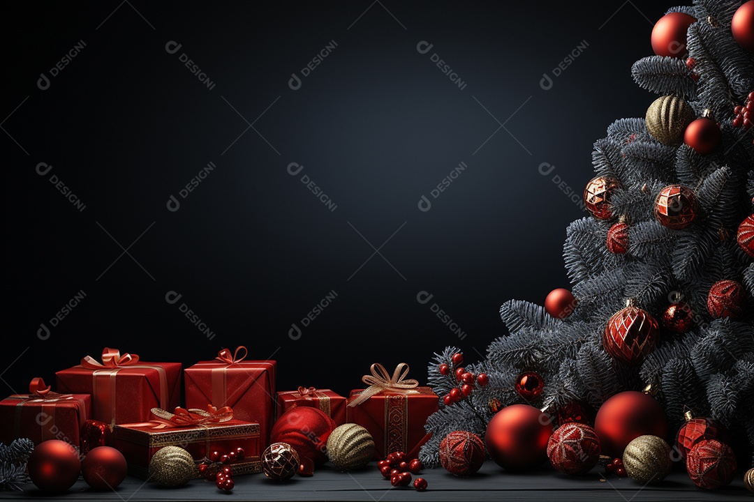 Banner de Natal Papai Noel celebra com caixas de presente, galhos de árvores de abeto e enfeites vermelhos, fundo de cor escura