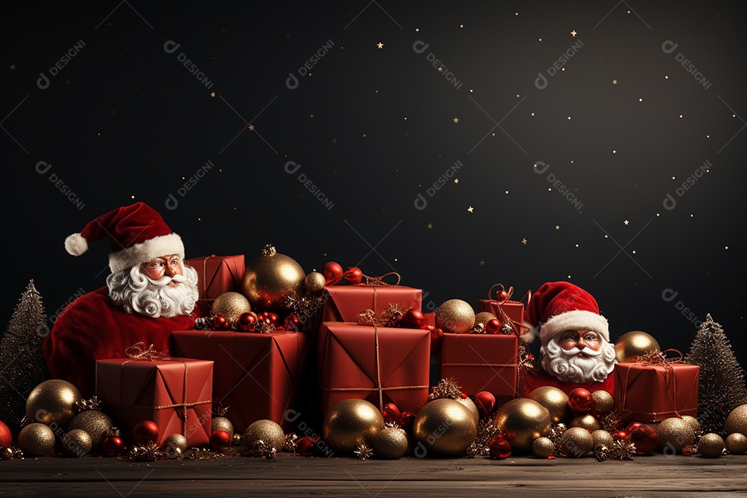 Banner de Natal com espaço em branco para texto, Papai Noel celebra com caixas de presente, galhos de árvores de abeto e enfeites vermelhos, fundo de cor escura