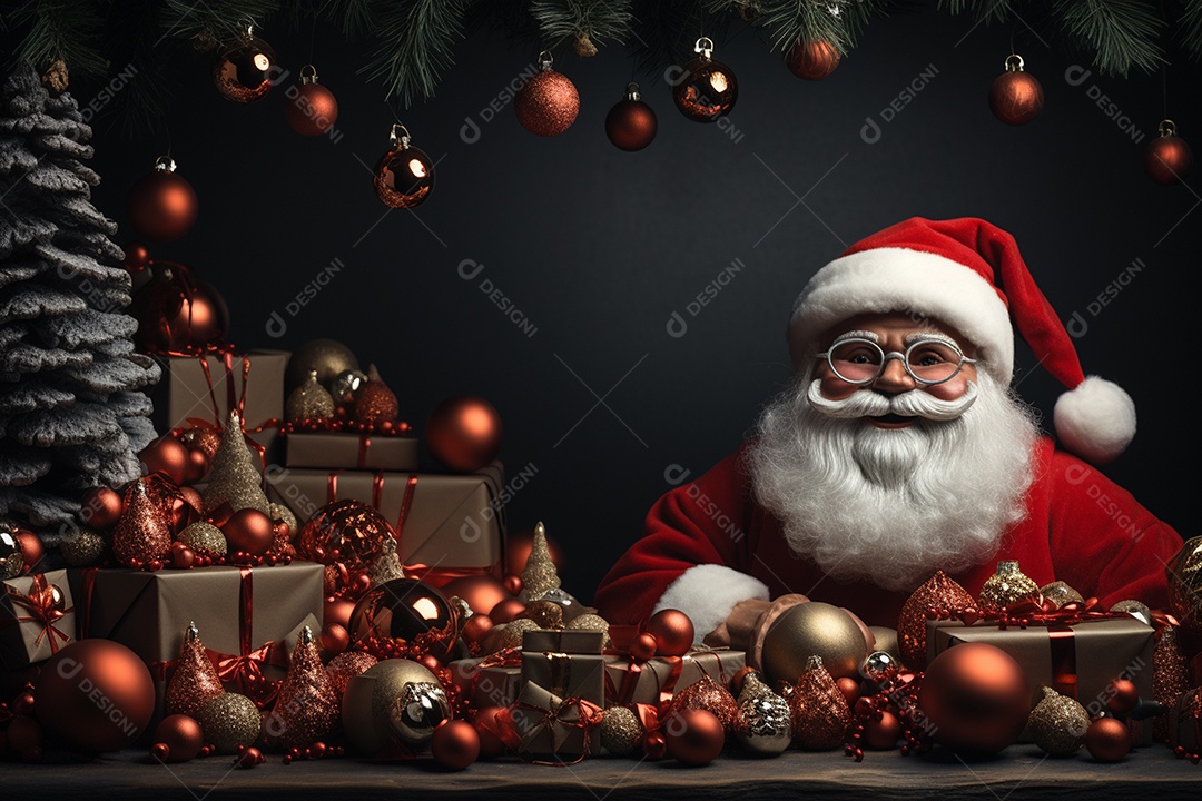 Banner de Natal com espaço em branco para texto, Papai Noel celebra com caixas de presente, galhos de árvores de abeto e enfeites vermelhos, fundo de cor escura